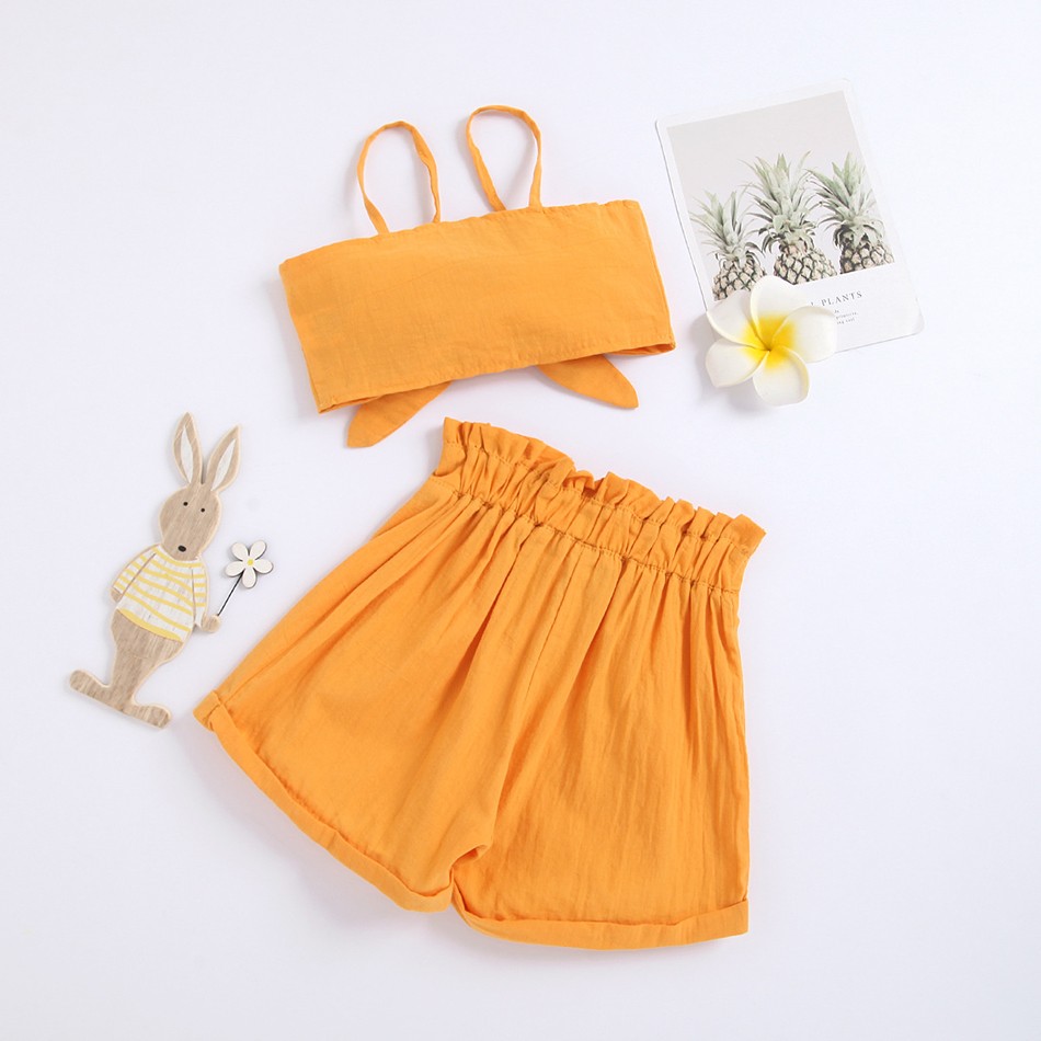 1-6y Infant Kids Baby Girls 2pcs Fashion Summer Clothes Set Bowknot Solid Crop Tops Vest Shorts Pants Outfits