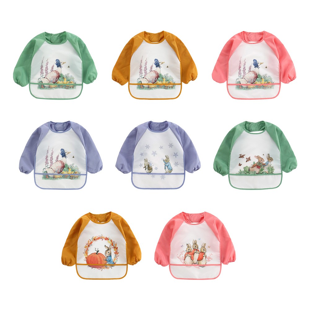 Long-sleeved waterproof baby bibs, cute animal, ergonomic curve design, burp board, smoky