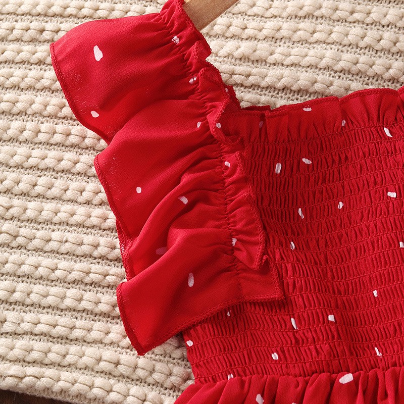 Girls Dot Red Dress Summer 4-11Y Young Children Square Collar Casual Clothing Kids Knee Length Short Sleeve Princess Dresses New