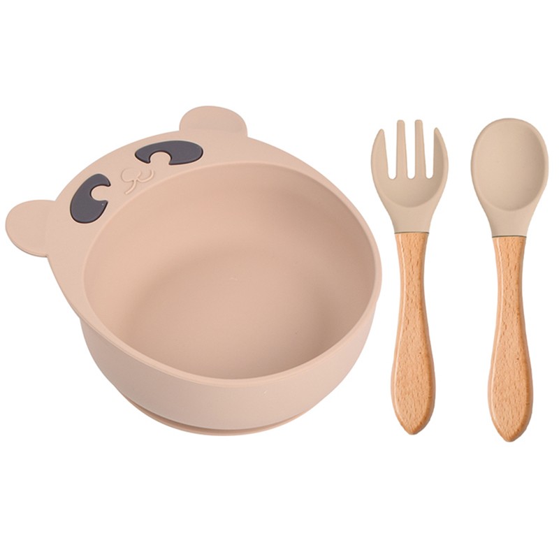 Children's silicone bowl spoon and fork set baby cartoon bear suction cup anti-drop complementary food bowl children's plate dishes