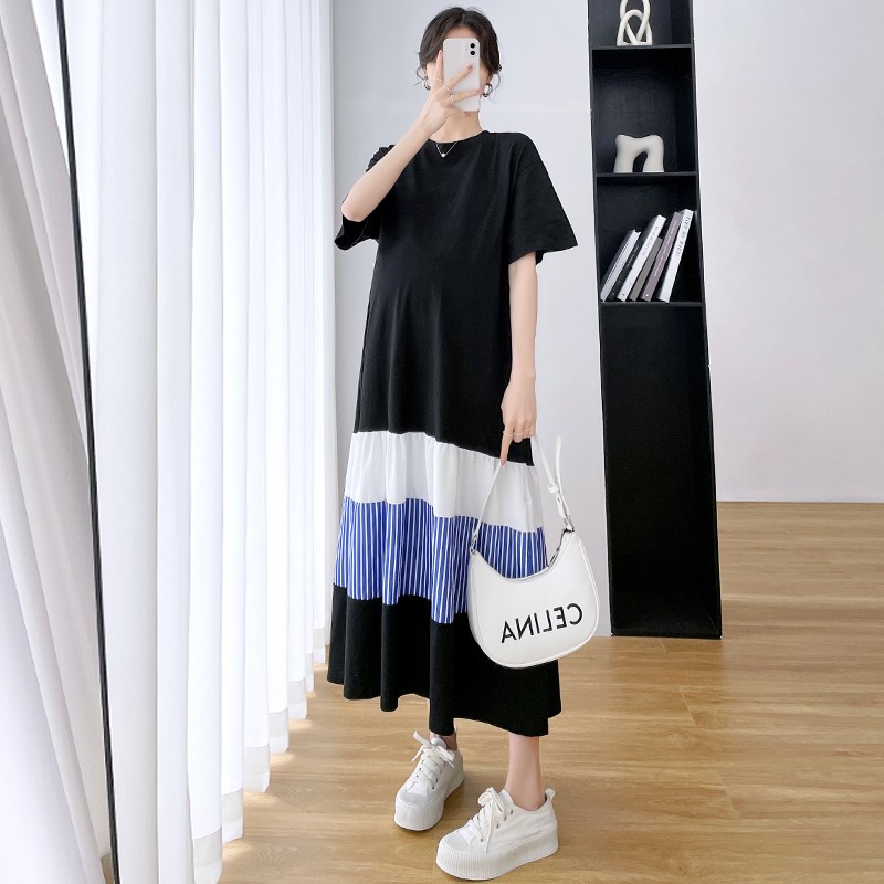 Summer Women Pregnancy Cloth Plus Size Loose Knitted Cotton Patchwork Maternity Long Dress Casual Striped Clothes for Pregnant Women