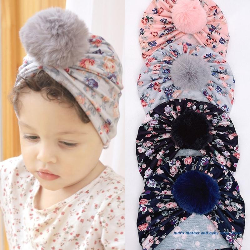 67JC Cute Faux Fur Ball Baby Kids Turban Hat Floral Print Infant Headdress