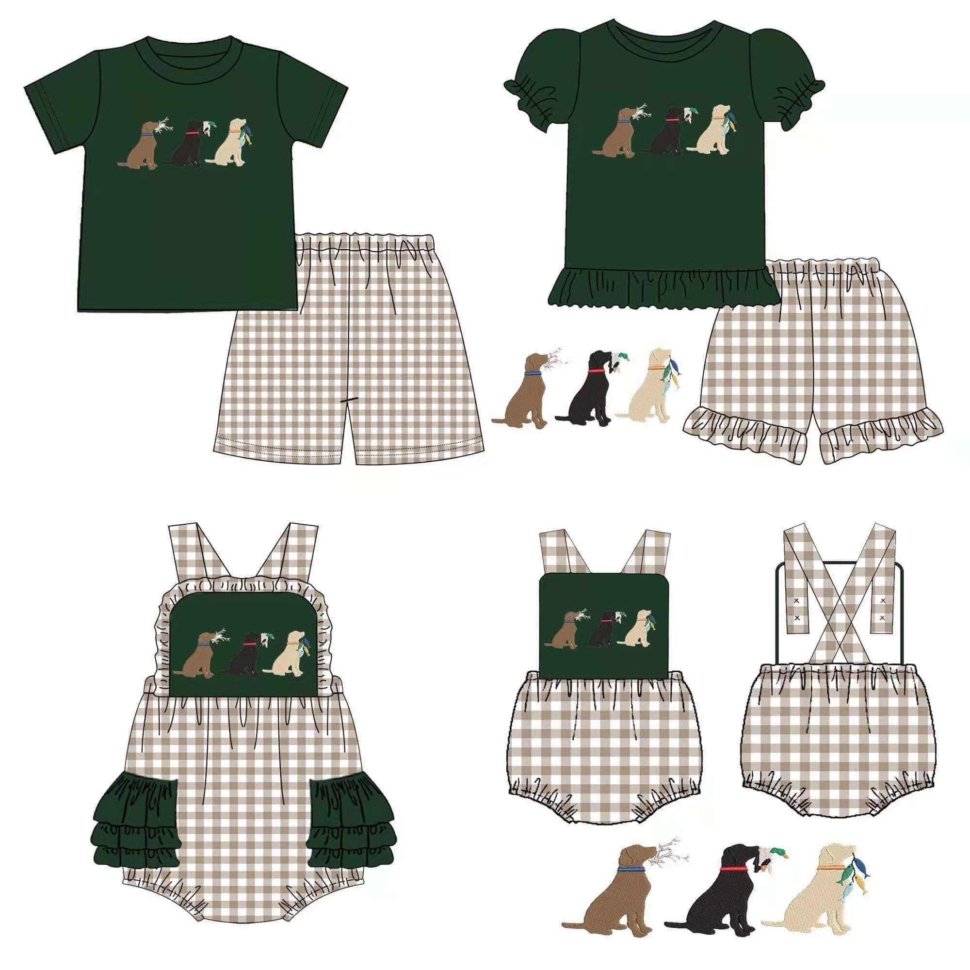 Clothing Sets For Baby Girl Cute Dark Green Three Dog Floral T-shirt Coffee Lattice Casual Sports Pants Kids Outfits For Summer