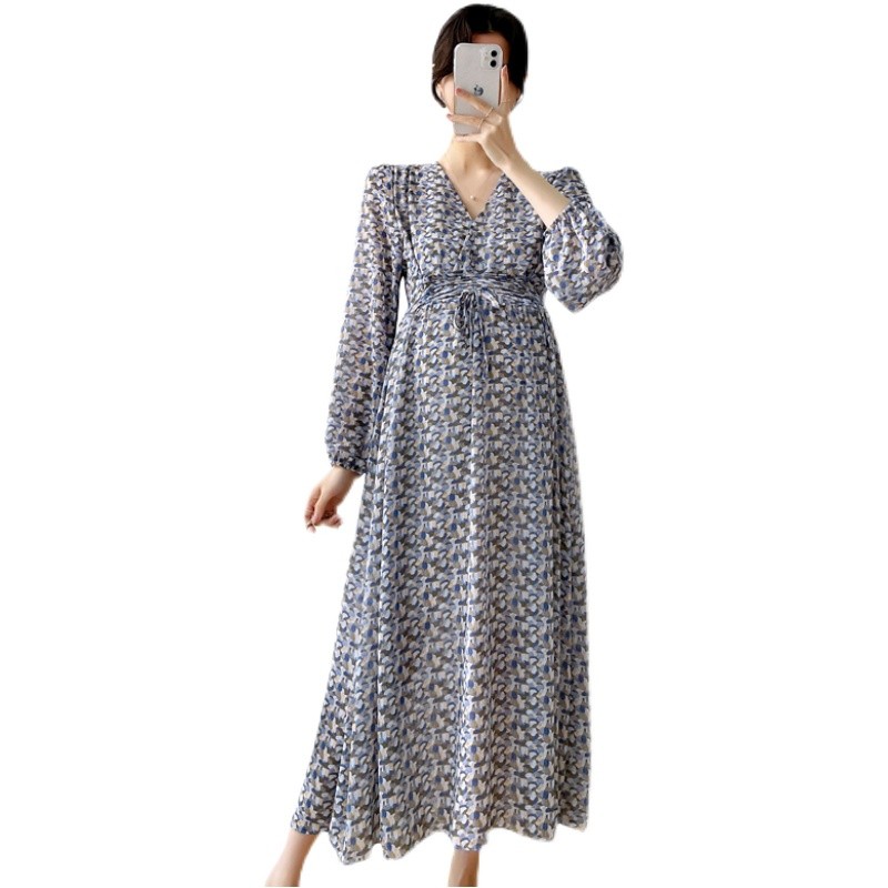 Spring Long Loose Pregnancy Floral Dresses Pregnant Women Clothes Loose Dress with Belt High Waist Maternity Chiffon Beach Dress