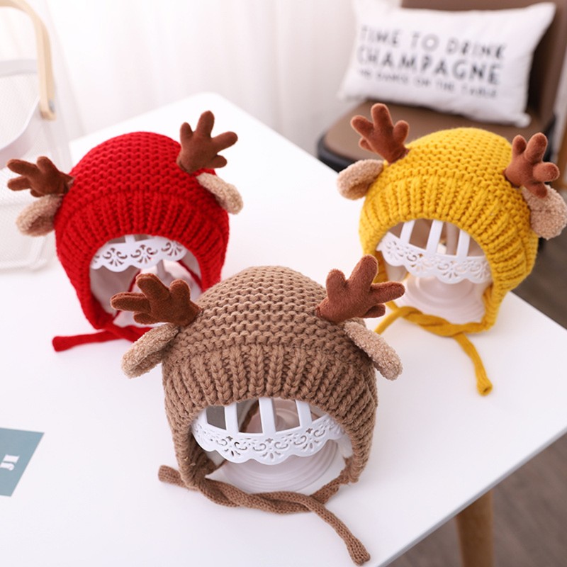 Cute Deer Elk Antlers Baby Hat Winter Warm Plush Knitted Ear Warmer Children Hat Bonnet Boys Girls Beanie Hat Christmas Hats