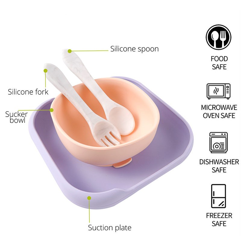 معكرون اللون سيليكون مربع طبق عشاء مع سلطانية شفط الأطفال التكميلية الغذاء أدوات المائدة شوكة ملعقة مستلزمات الطفل