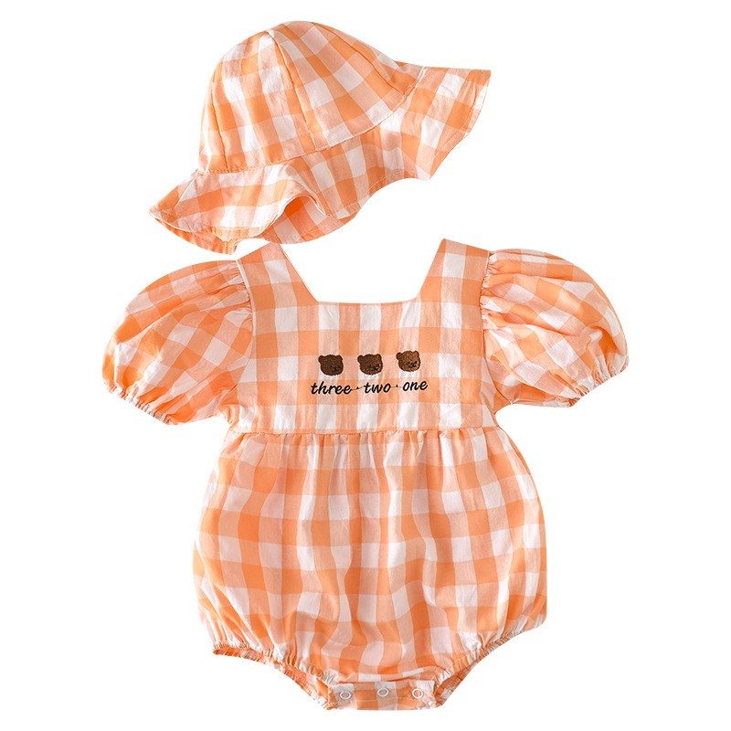 Newborn Baby Girl Clothes Plaid Puff Sleeve Floral Jumpsuit Cute Cartoon Bear Embroidery Cotton Bib With Hat Outfits