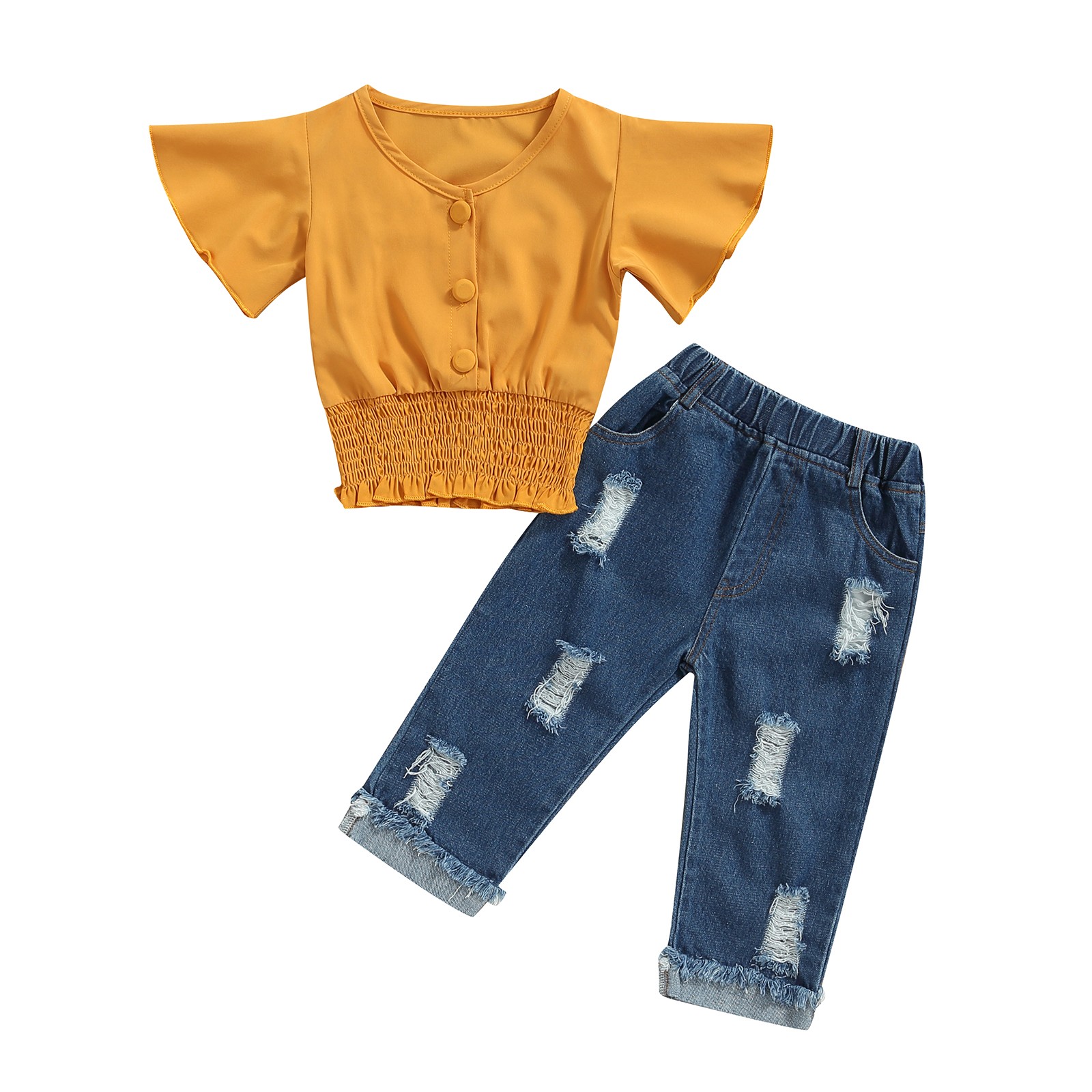 Ma & Baby 1-6Y Baby Boy Girls Clothes Set Ruffle Button V-Neck Denim Tops Pants Outfits Costumes D01