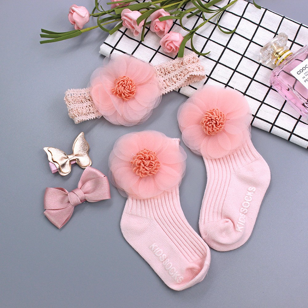 Baby Girl Lace Flower Headband Socks Set Cotton Baby Socks Newborn Socks Anti Slip Floor Socks Elastic Baby Hair Band