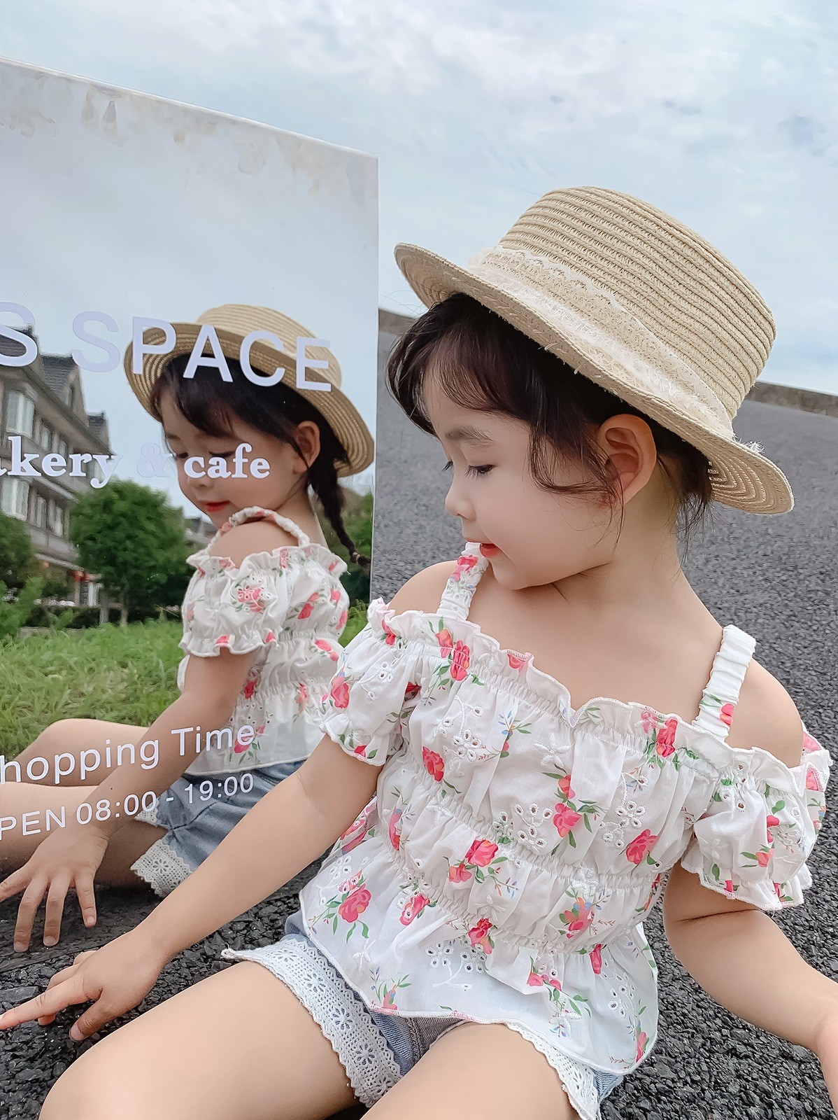 2pcs/set Kids Girl Clothes Sweet Little Flower Top Outer Clothes Lace Denim Shorts Fashion Causal Summer Princess Clothing Suit