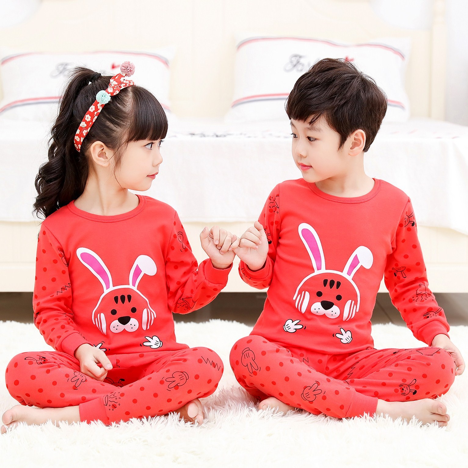 Easter Pyjamas Kids Pajamas Girl Sleepwear Set Cotton Rabbit Top+Pants Pijama Outfit Long Sleeve 2pc Pink Children Night Clothes