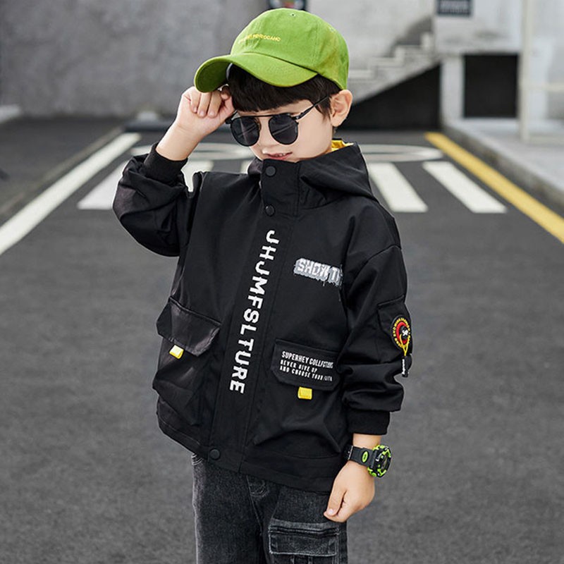 New 2022 polyester spring and autumn jacket for boy fashion Korean version hooded print windbreaker casual cool children's clothing