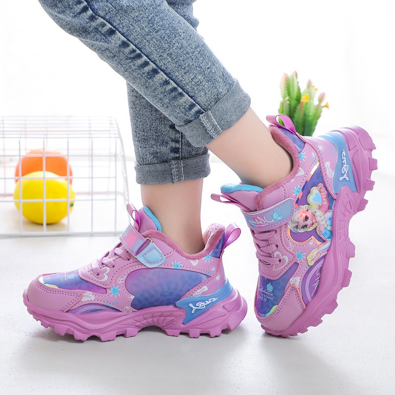 Disney girls' cotton sports shoes for children plus velvet warm Elsa princess students winter new children's running shoes