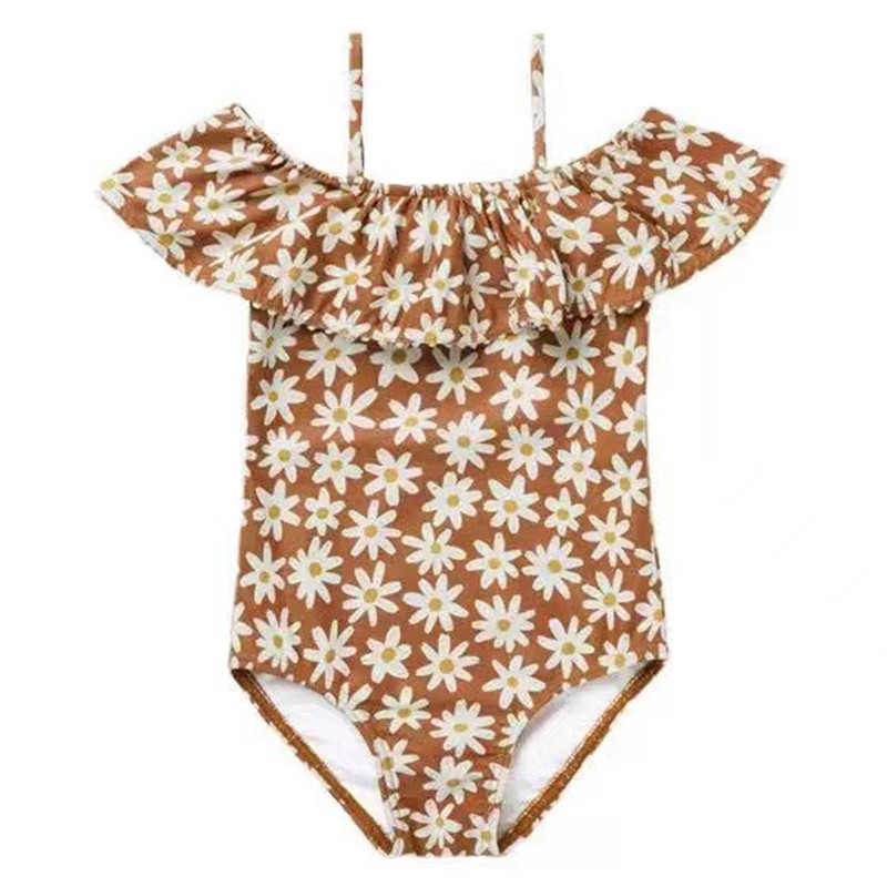 Summer Bikini For Baby Girls Bathing Suit Floral Printing One Piece Ruffled Collar Beach Wear Children Bridge Bikini