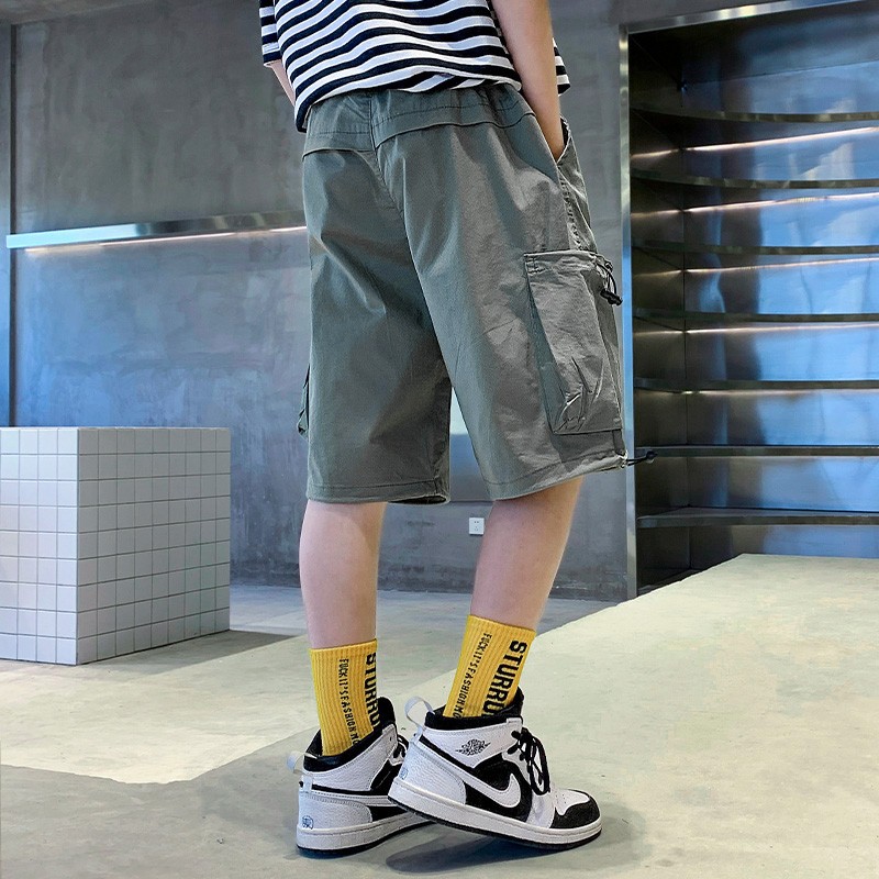 Boys Casual Loose Pants Chic Pockets Patchwork Cargo Knee Length Short Pants Fashion Running Elastic Waist All-match Streetwear