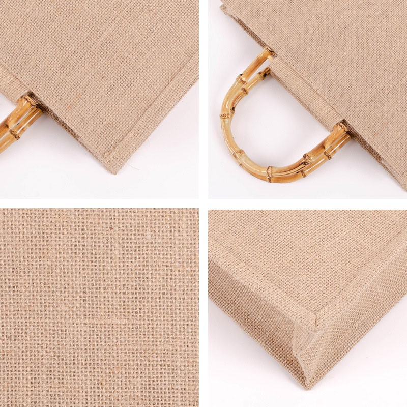 Portable Burlap Shopping Bag Jute Handbag Bamboo Ring Retro Carry Handles DIY Handbag Women Large Size Beach Bag for Girls