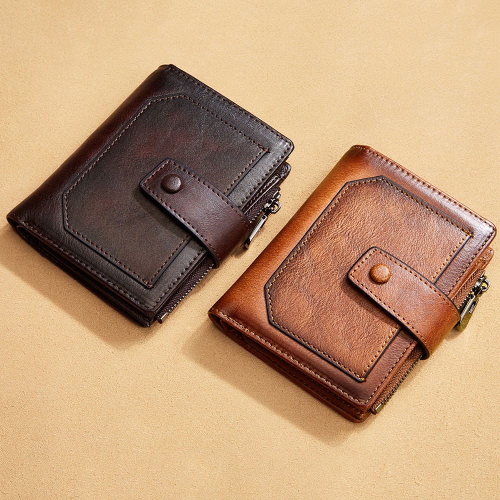 Vintage الرجال محفظة جلدية حقيقية تتفاعل حجب Trifold قصيرة متعددة الوظائف المال كليب سعة كبيرة سستة محفظة نسائية للعملات المعدنية