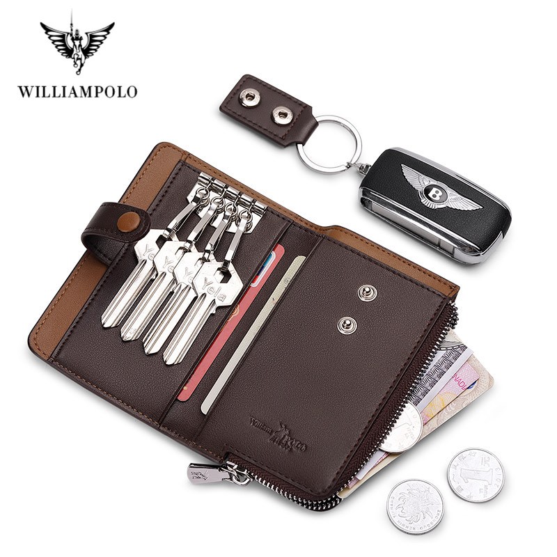 Williapolo Men's Keychain Genuine Leather Key Holder Men Key Wallet Organizer Pouch Car Keychain Housekeeper Key Case Card Holder