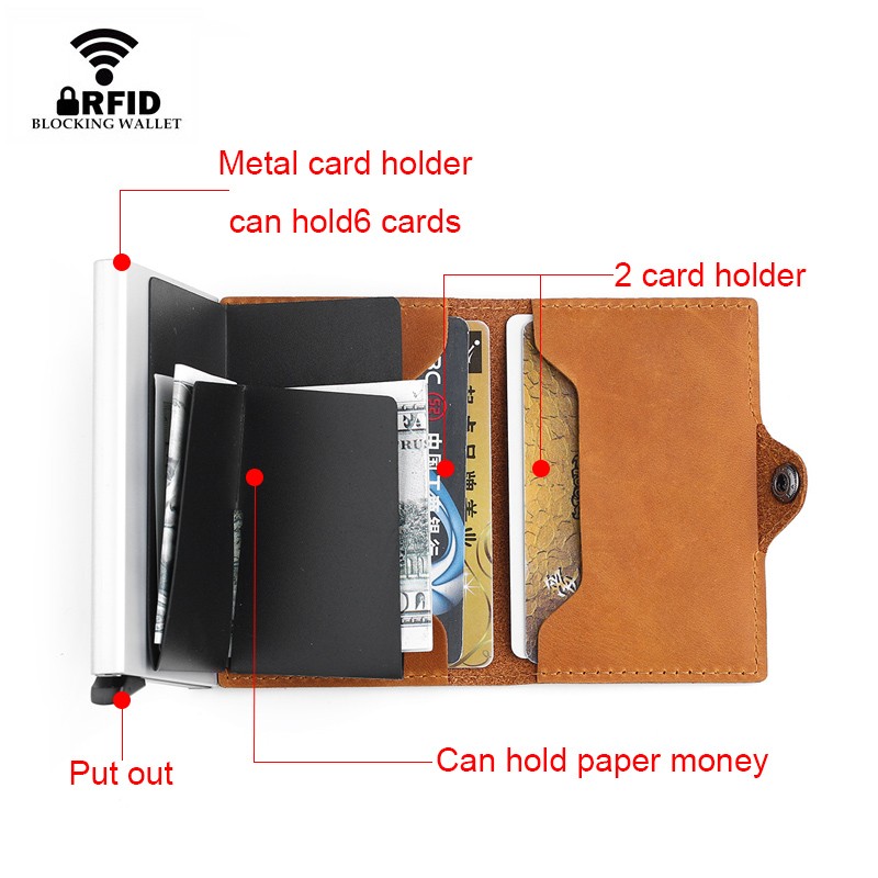 Genuine Leather Men Wallet Small Wallet With Rfid Lock Aluminum Card Holder Slim Male Wallet