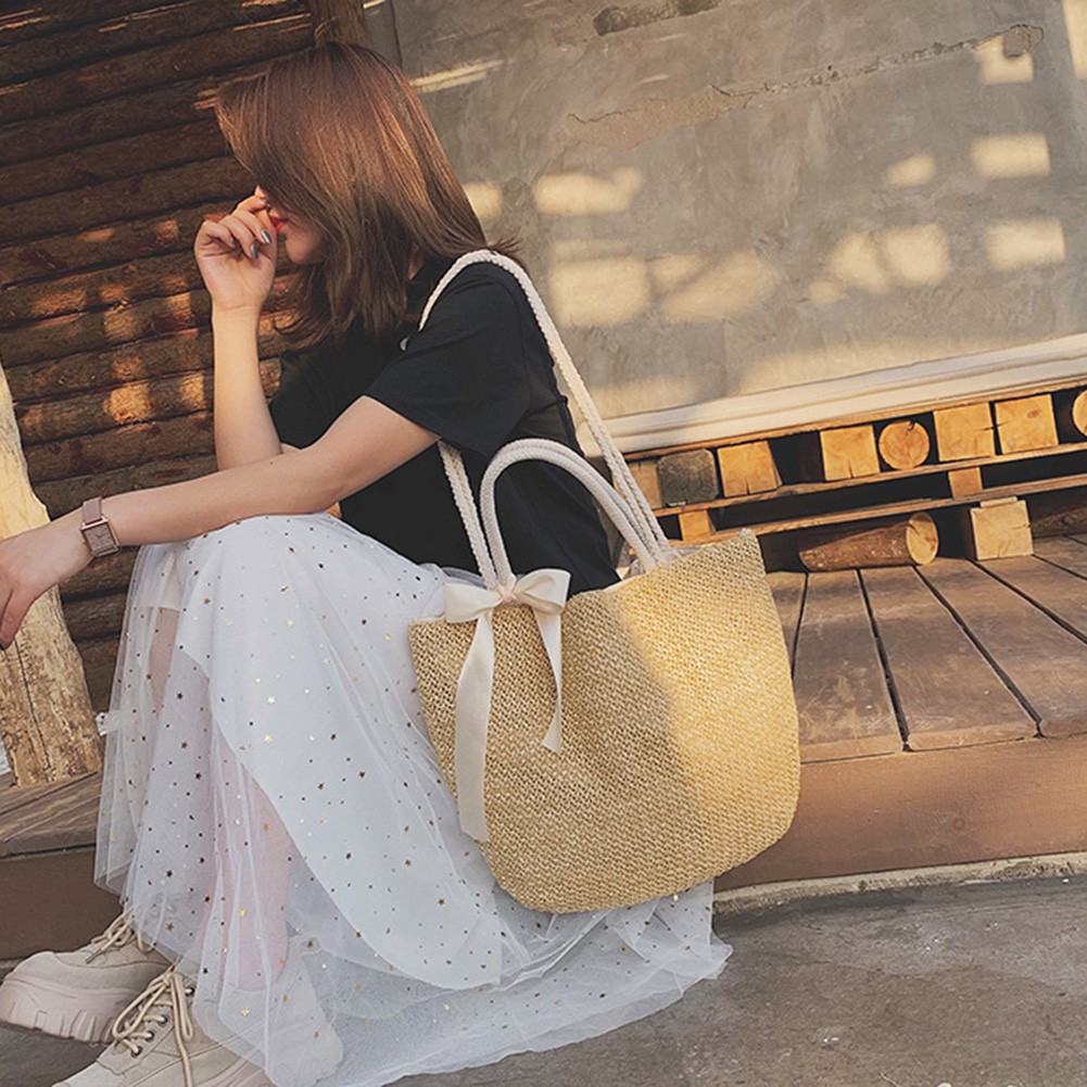 Women's handmade woven straw bag shoulder bag with bow large capacity rattan handle bag female summer beach casual handbag