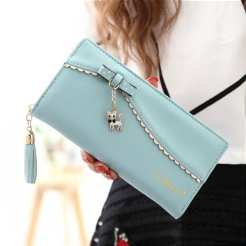 Women's Long Leather Wallet Card Holder Wallet With Cute Cat Pendant Cell Phone Pocket Wallet