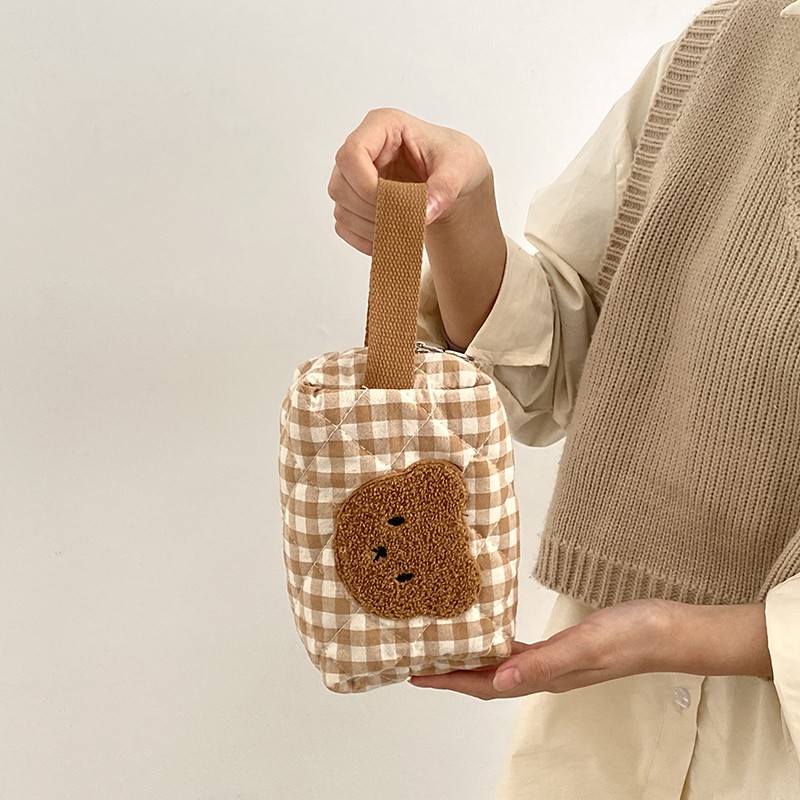 Cute Khaki Bear Makeup Bag Large Capacity Portable Cosmetic Bags Zipper Pure Cotton Plaid Brushes Pouch Case For Women Girls