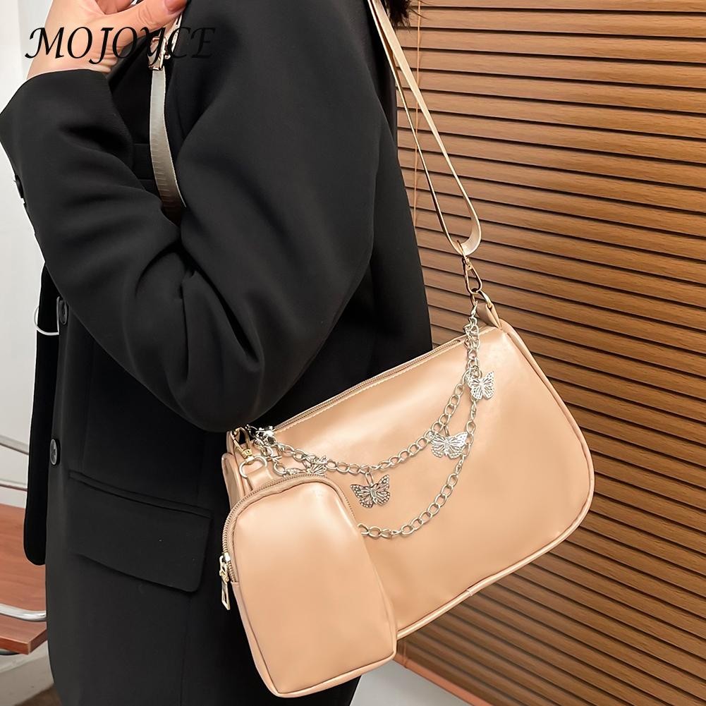 Elegant Women's Shoulder Bag PU Leather Pure Color Underarm Fashion Bags Ladies Butterfly Chain Travel Handbag