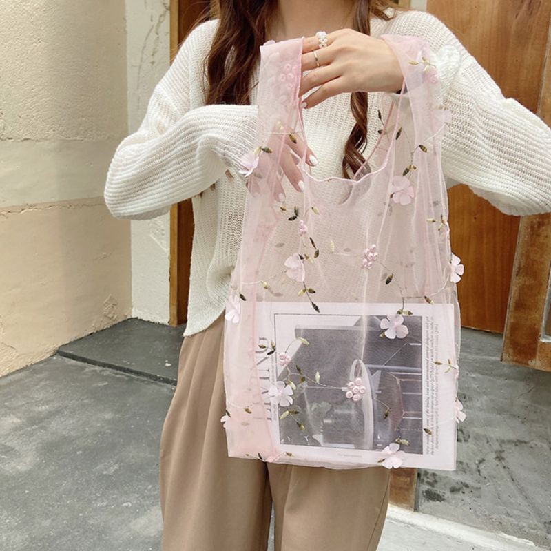 Women's Multifunctional Mesh Canvas Bag Large Capacity Tote Bag Floral Embroidery Shopping Bag Reusable Organizer