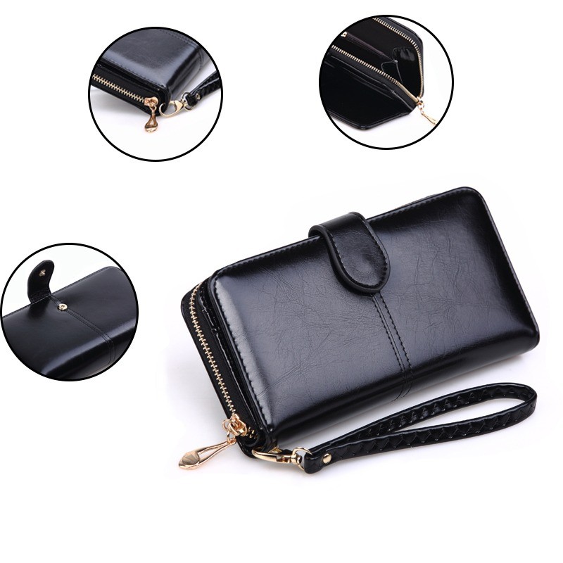 Leather Women Long Zipper Oil Wax Wallet Large Capacity Zipper Clip Wallet Ladies Long Wristlet Clutch Coin Card Holder Portomonee