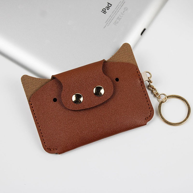 Creative Card Holder Cartoon Simple Animal Piggy Shaped PU Leather Kawaii Small Wallets Keychain Coin Purse ID Card Bag for Girls