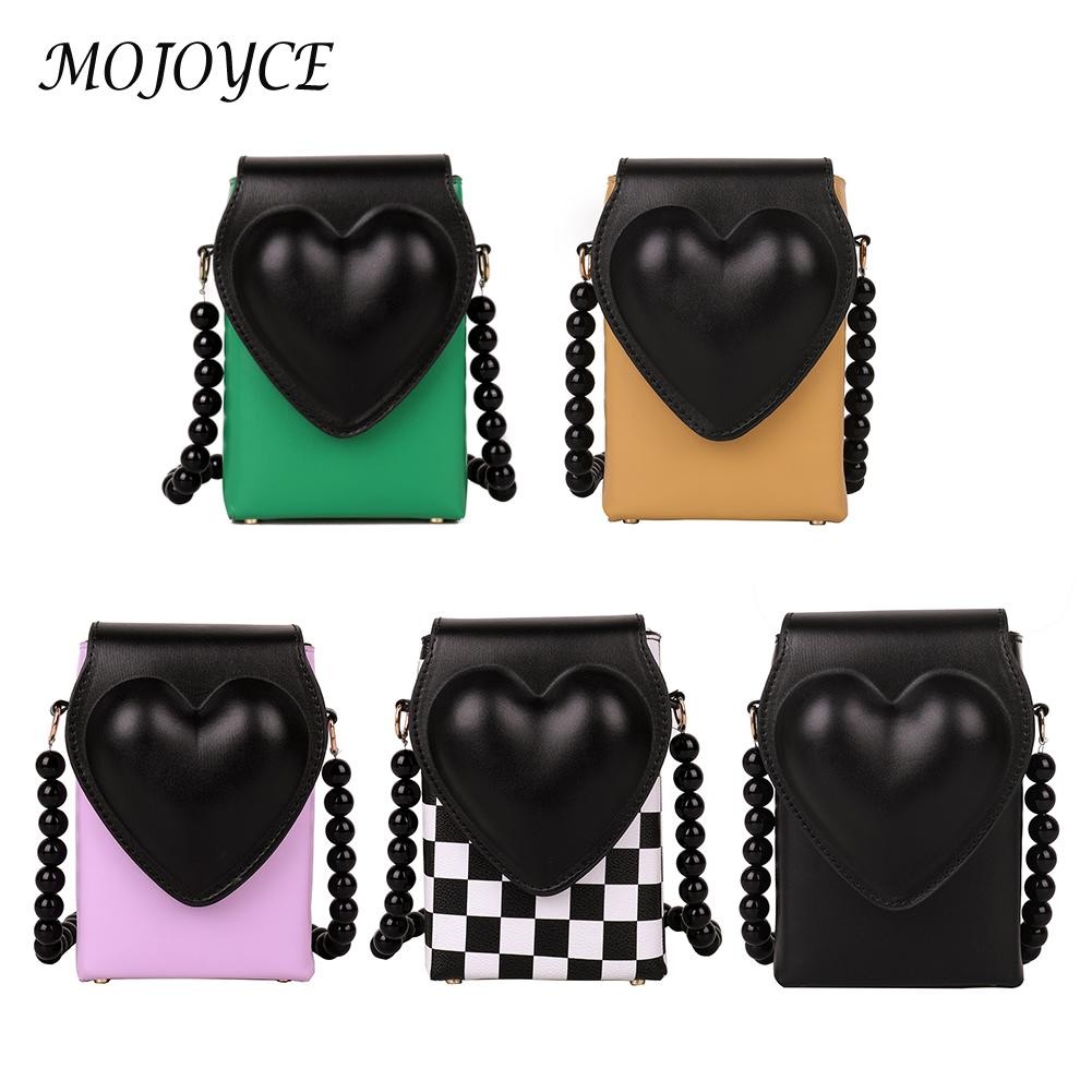 Fashion Heart Flap Bead Strap Shoulder Bag for Woman PU Leather Female Handbags for Ladies Women Outdoor Shopping