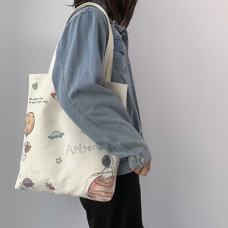 Bfuming Cute Canvas Zipper Shopping Bag Large Capacity Tote Bag For Girls Fashion Shoulder Bag