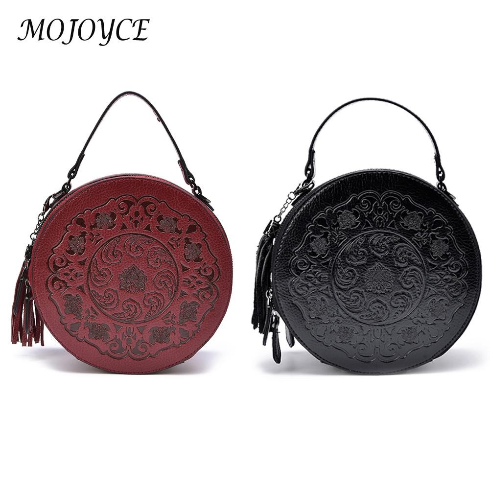 Round Shoulder Bags Vintage Flower Casual Leather Tassel Small Handbag Tote for Ladies Outdoor Shopping Travel