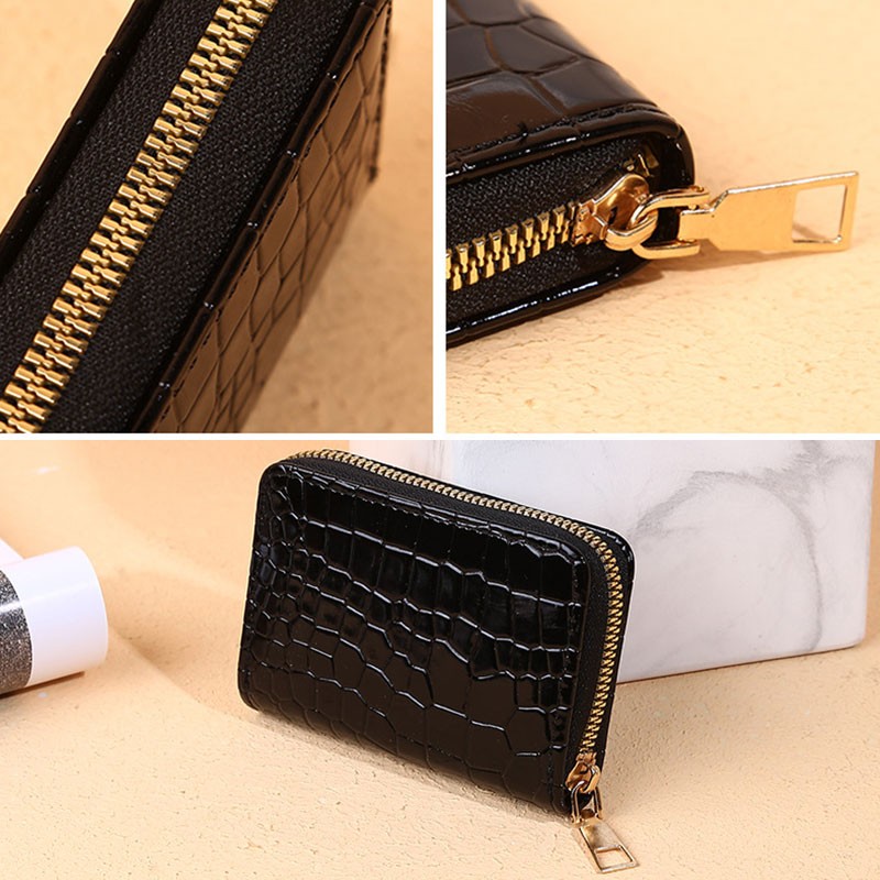 Solid Crocodile Pattern Women Card Holder PU Leather Credit Card Holder Zipper Business Card Pocket Unisex Travel Wallet