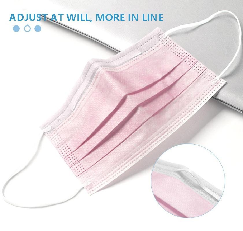 Disposable 3-Ply Nonwoven Mask Breathable Gauze Mask with Elastic Ear Band, Pink, 10-500 Pieces