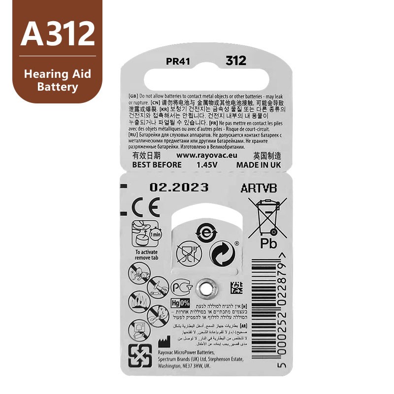 Hearing Aid Batteries 60pcs/10cards RAYOVAC Peak 1.45V 312 312A A312 PR41 Zinc Air Battery for BTE CIC Rick OE Hearing Aids