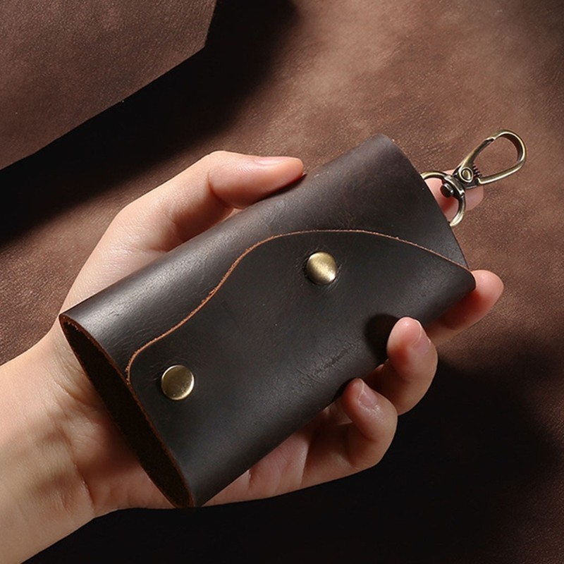 066F Cowhide Keychain Men Small Mini Key Holder Organizer Pouch Split Car Key Wallet Housekeeper Key Case for Adults