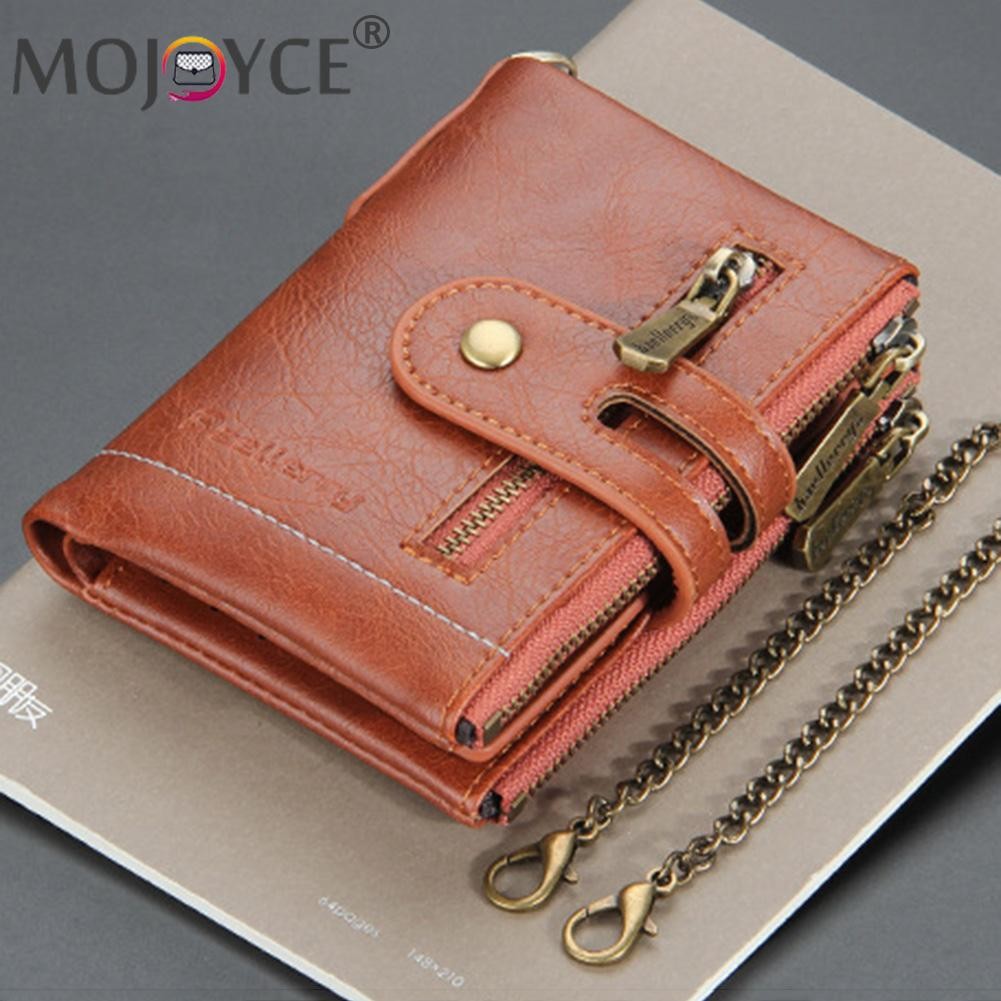 Retro Men Double Zipper Portable Mini Wallet Multi Slot Card Holder Small Wallet With Chain Fashion Solid Color PU Leather Burse