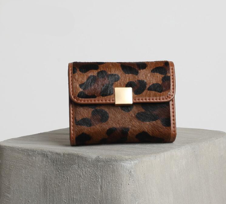 AIMIYOUNG - Women's Horse Fur Wallet, Small Wallet, Leopard Leather, Card Holder, Brown, Red