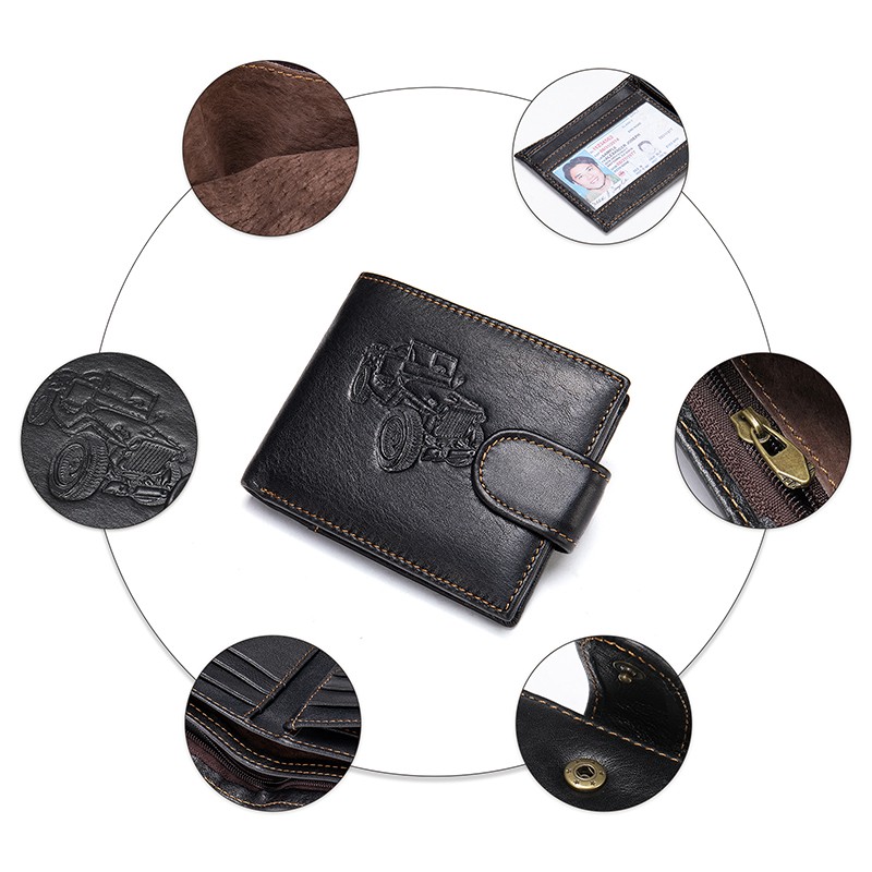 New Men's Genuine Leather Wallet Purse Holder Vintage Business Short 2 Fold Embossing Purse Male Zipper Coin Hasp Purse Money Bag