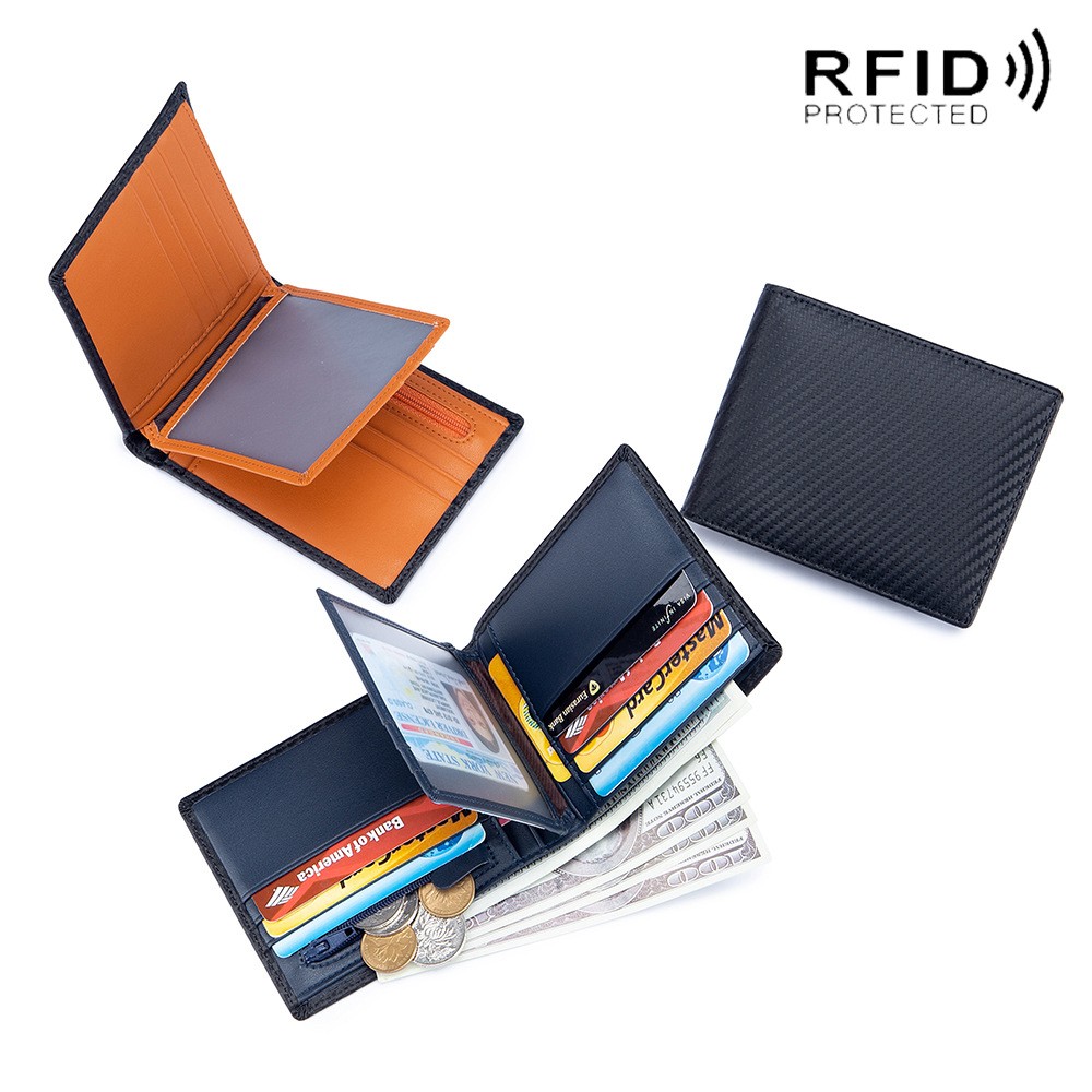 Rfid - Genuine Leather Carbon Fiber Wallet for Men, Genuine Leather Men Wallet with Card Holder, Small Wallet, Black Wallet