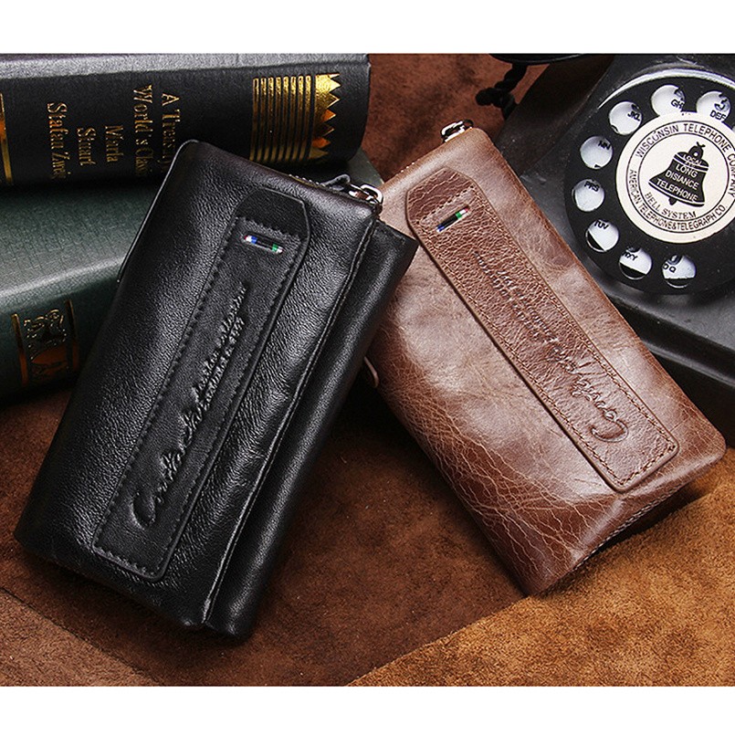 New Men Key Wallets Genuine Leather Key Ring Pouch Keys Tri-fold Coin Purse Case Key Holder Purse Male Luxury Keychain Bags