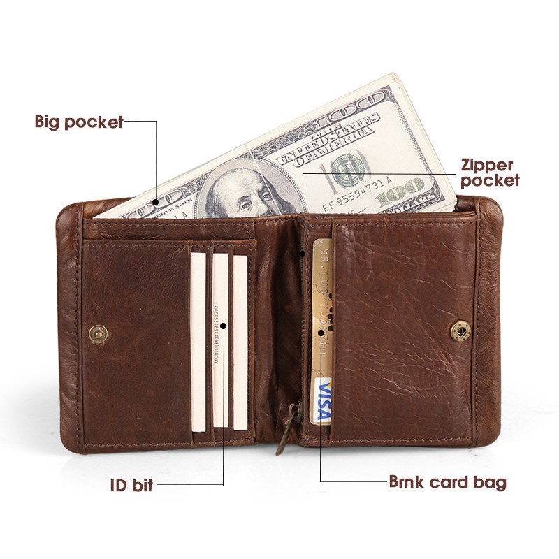 Genuine Leather Wallet for Men Vintage Short Purses Card Holder Wallets Brand Coin Pocket Zip Quality Money Bag