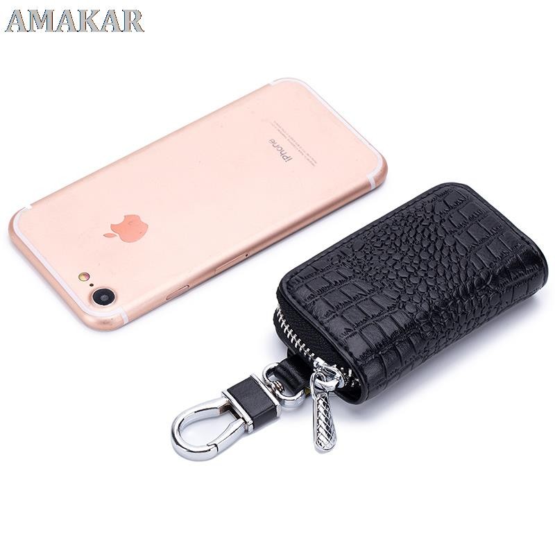 Fashion Genuine Leather Car Key Bag Unisex Crocodile Print Zipper Top Quality Cow Split Key Organizer Purse