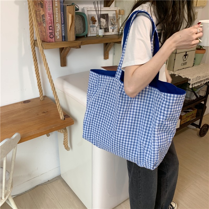 Women Shoulder Bag 2021 Canvas Tote Bags Girl Fashion Casual Solid Color Plaid Shopper Bags Large Capacity Double Sided Handbags