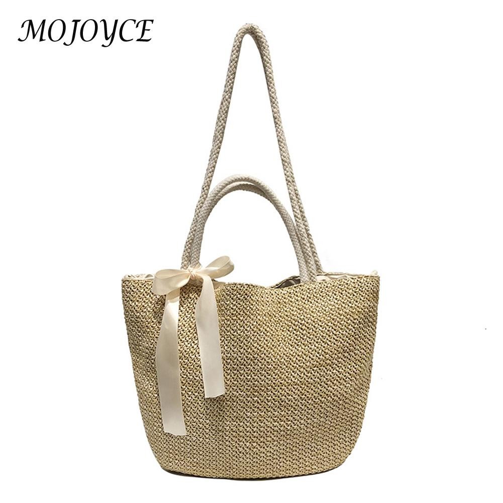 Women Woven Straw Drawstring Shoulder Bags Handmade Lady Summer Shoulder Bags Woven Handbags