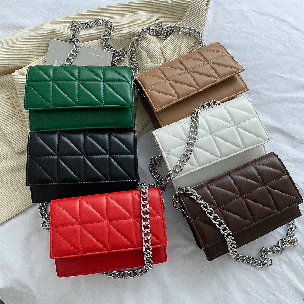 Bags for Women PU Leather Lattice Crossbody Bag Lady Solid Color Chain All-match Casual Handbag Thread Small Designer Clutch