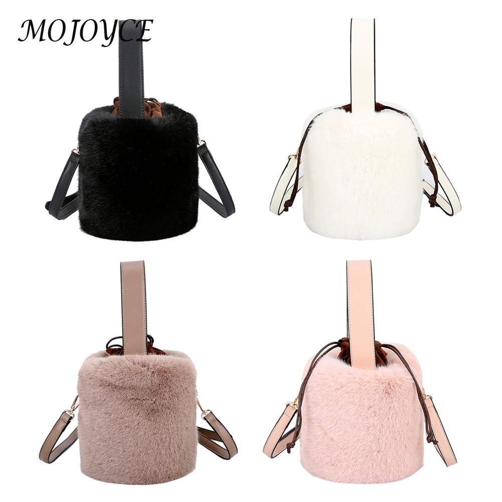 Fashionable Women Shoulder Bags Plush Drawstring Solid Color Casual Ladies Bag Bucket Shoulder Drawstring Handbags