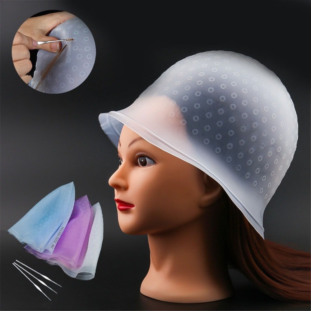 Reusable Silicone Tie Dye Hats Hair Coloring Hightligting Pick Up Dye Hair Color Cap With Metal Hook Hair Salon Equipment