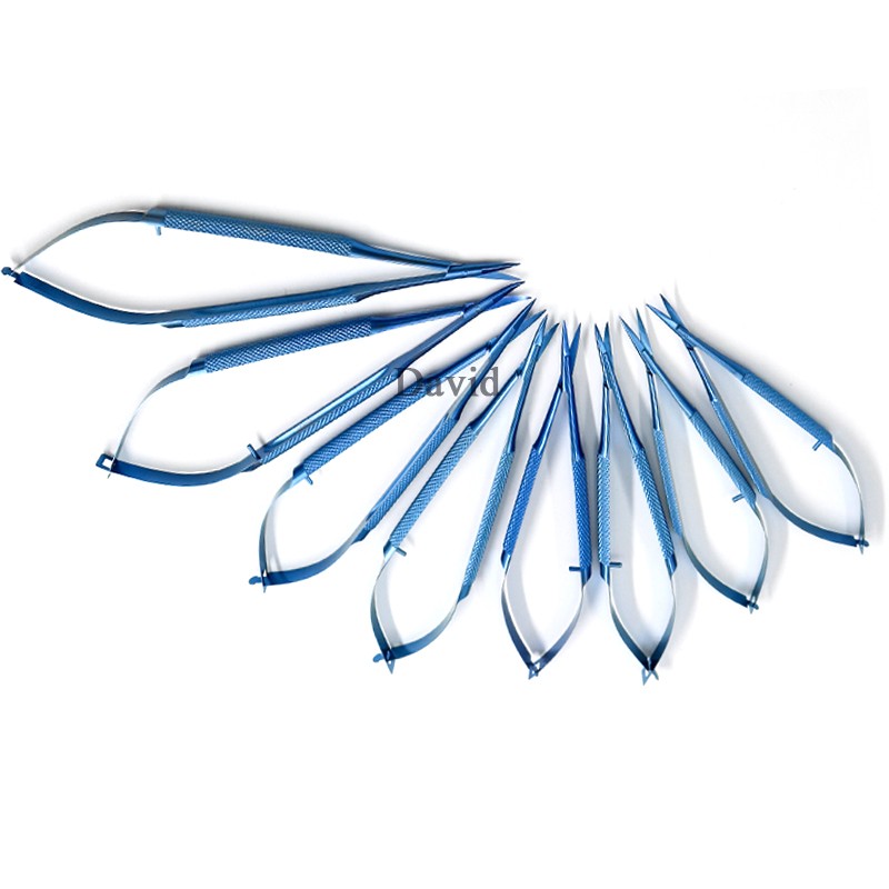 Microscopic instruments 12.5 cm small scissors, serrated conjunctiva, forceps probes, hooks, spoons, beaters, forceps